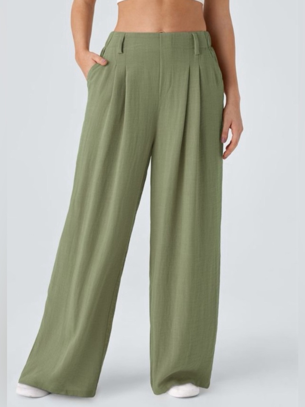 NWT HALARA High Waisted Wide Leg Linen-Feel Pants Green Large Tall